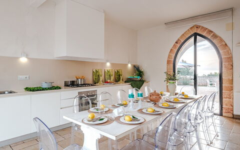 Villa Manco 12: Furniture, Interior Design, Table, Chair, Kitchen & Dining Room Table, Ceiling, Dining Room, Restaurant, Houseplant, Light Fixture