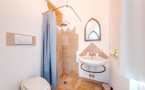 Villa Manco 12: Flooring, Floor, Interior Design, Ceiling, Room, Light Fixture, Plumbing Fixture, Bathroom, Wood Stain