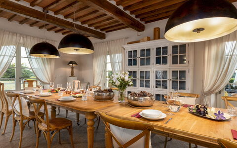 Villa Panorama 14: Furniture, Interior Design, Table, Wood, Chair, Flooring, Kitchen & Dining Room Table, Dining Room, Ceiling, Lighting