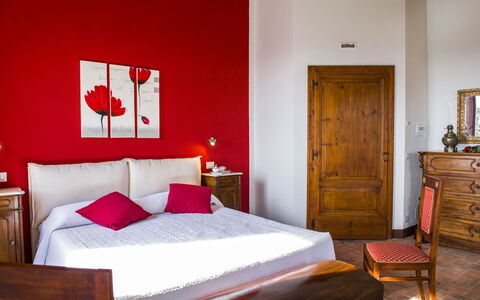 Bossoncina 8+1: Furniture, Wall, Red, Interior Design, Bedroom, Flooring, Bed, Wood, Floor, Bed Sheet