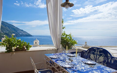 Casa Noemi 4+2: Blue, Furniture, Table, Sea, Coast, Coastal And Oceanic Landforms, Chair, Resort, Ocean, Flowerpot