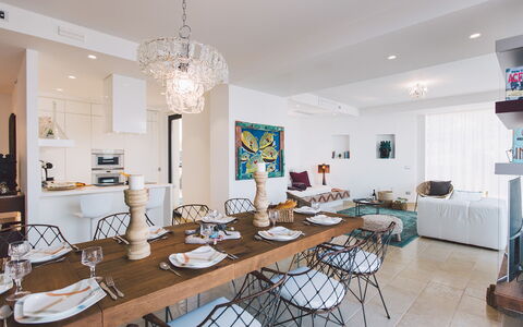 Villa Triscele 10: Furniture, Interior Design, Chair, Flooring, Table, Kitchen & Dining Room Table, Floor, Ceiling, Dining Room, Room