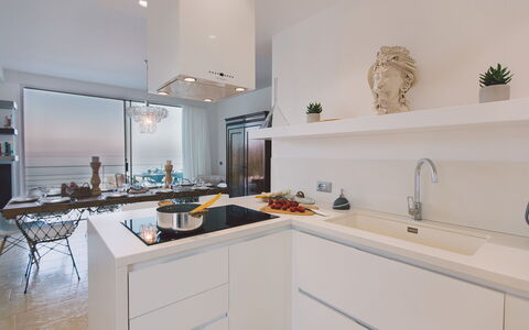 Villa Triscele 10: Kitchen, Countertop, Interior Design, Flooring, Cabinetry, Kitchen Appliance, Plumbing Fixture, Sink, Tap, Kitchen Sink