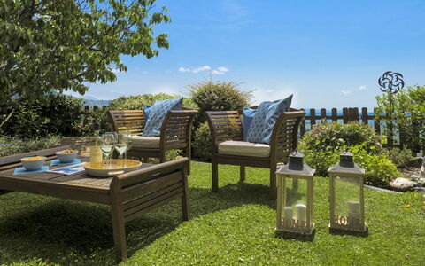 Il Ciliegio sul Lago 6: Furniture, Outdoor Furniture, Garden, Outdoor Table, Chair, Wicker, Patio, Flowerpot, Wood Stain, Shade