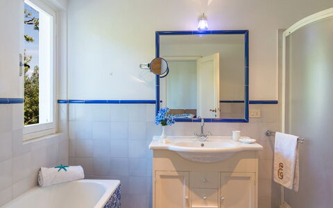 Villa la Meridiana 8+1: Blue, Interior Design, Plumbing Fixture, Flooring, Bathroom Sink, Mirror, Bathroom, Sink, Tap, Floor