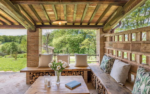 Podere Fabbrica 12: Furniture, Wood, Ceiling, Porch, Table, Interior Design, Wood Stain, Hardwood, Chair, Outdoor Furniture