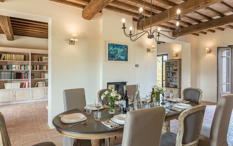 Podere di Salci 10: Furniture, Interior Design, Wall, Wood, Flooring, Ceiling, Chair, Kitchen & Dining Room Table, Table, Dining Room