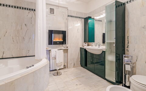 Villa Elda 6: Flooring, Interior Design, Plumbing Fixture, Floor, Bathroom, Bathtub, Room, Plumbing, Tap, Ceiling