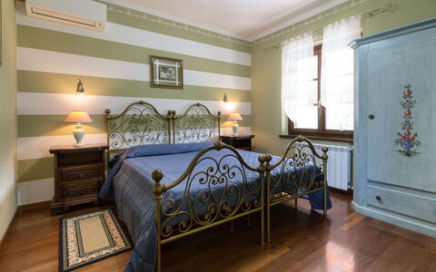 Villa Miki 10: Furniture, Interior Design, Bed, Bedroom, Flooring, Wall, Floor, Room, Wood, Ceiling
