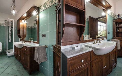 Villa Miki 10: Bathroom Sink, Plumbing Fixture, Sink, Bathroom, Interior Design, Bathroom Cabinet, Cabinetry, Tap, Flooring, Countertop