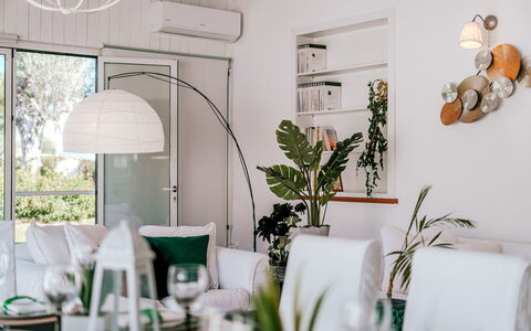 Villa Demal 8+2: Furniture, Interior Design, Lighting, Light Fixture, Ceiling, Table, Living Room, Room, Flowerpot, Houseplant
