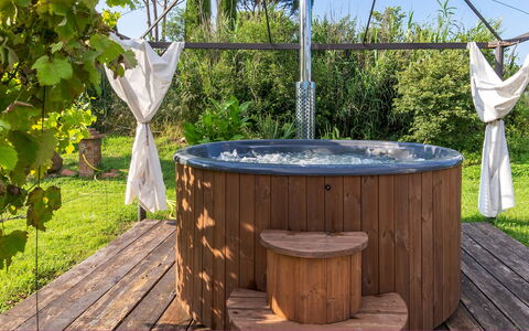 Cottage Violapo 6+2: Plumbing Fixture, Bathtub, Swimming Pool, Jacuzzi, Wood Stain, Garden, Shade, Backyard, Outdoor Furniture