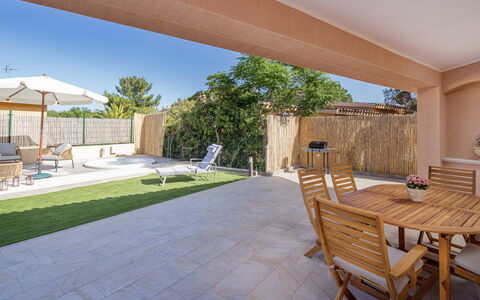 Villa Gea 8: Outdoor Furniture, Shade, Garden, Floor, Landscaping, Flagstone, Backyard, Concrete, Eco Hotel, Yard