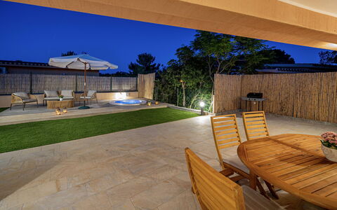 Villa Gea 8: Flooring, Floor, Shade, Garden, Outdoor Furniture, Swimming Pool, Eco Hotel, Wood Stain, Landscape Lighting, Backyard