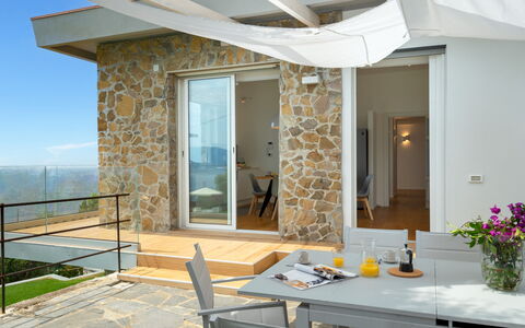 Villa Scirocco 10+2: Furniture, Chair, Home, Shade, Resort, Balcony, Outdoor Furniture, Eco Hotel, Villa, Kitchen & Dining Room Table
