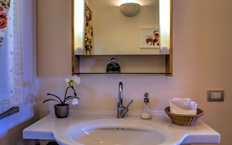 Villa le Cave 12: Bathroom Sink, Mirror, Sink, Plumbing Fixture, Interior Design, Bathroom, Tap, Plumbing, Lighting, Room