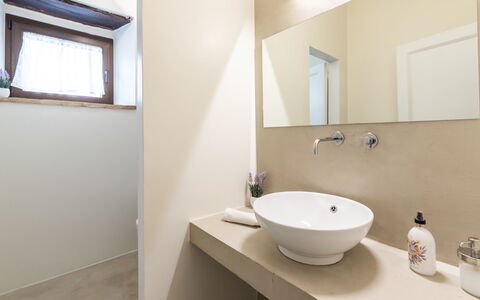 Villa Casanostra 12: Bathroom, Interior Design, Plumbing Fixture, Flooring, Wall, Bathroom Sink, Floor, Mirror, Sink, Tap