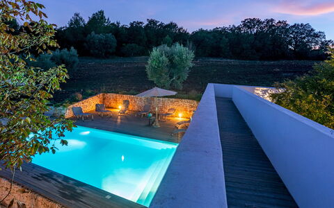 Trullo Santa Pazienza 6+3: Swimming Pool, Blue, Composite Material, Resort, Estate, Eco Hotel, Dusk, Water Feature, Reflection, Landscaping