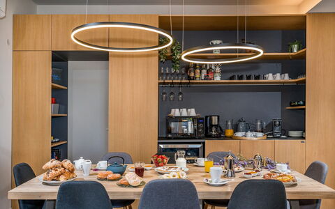 Villa Provenza 12+4: Furniture, Interior Design, Wood, Kitchen & Dining Room Table, Light Fixture, Table, Dining Room, Ceiling, Lighting, Flooring
