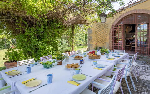 Podere Pratovecchio 14+2: Furniture, Table, Chair, Kitchen & Dining Room Table, Tablecloth, Restaurant, Outdoor Table, Garden, Food, Outdoor Furniture