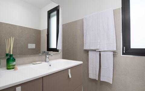 Villa Sabbie Rosse 6: Wall, Interior Design, Flooring, Plumbing Fixture, Bathroom Sink, Bathroom Cabinet, Floor, Sink, Bathroom, Mirror