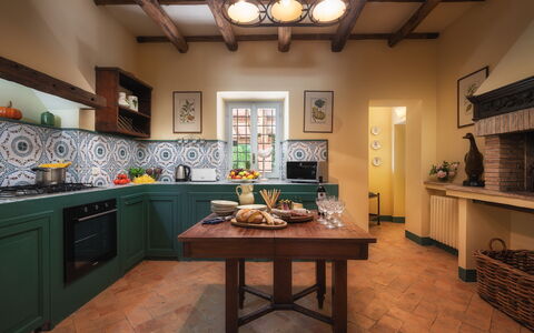 Casale Dell Oasi 12: Interior Design, Furniture, Flooring, Kitchen, Wood, Floor, Ceiling, Lighting, Room, Countertop