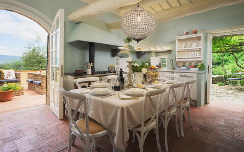 Villa Marraccini 8: Furniture, Interior Design, Chair, Table, Dining Room, Kitchen & Dining Room Table, Home, Ceiling, Lighting, Tableware
