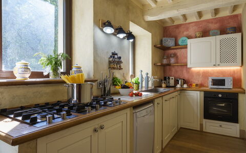 La Dama del Bosco 8+3: Kitchen, Kitchen Appliance, Countertop, Major Appliance, Interior Design, Furniture, Cabinetry, Kitchen Stove, Stove, Home Appliance