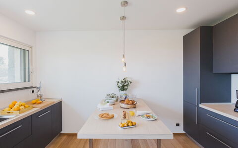 Villa Kimia 8: Kitchen, Countertop, Interior Design, Furniture, Kitchen Appliance, Wood, Cabinetry, Flooring, Light Fixture, Ceiling
