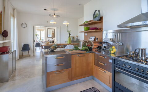 Villa Lucente 6+2: Kitchen, Kitchen Appliance, Countertop, Furniture, Cabinetry, Interior Design, Major Appliance, Flooring, Wood, Home Appliance