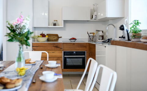 Villa Soleluna 7+1: Furniture, Kitchen Appliance, Countertop, Kitchen, Cabinetry, Interior Design, Wood, Flooring, Home Appliance, Major Appliance