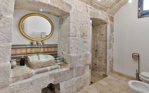 Masseria Tarsia Incuria 8+4: Wall, Plumbing Fixture, Flooring, Interior Design, Bathroom, Sink, Tap, Plumbing, Stone Wall, Bathroom Sink