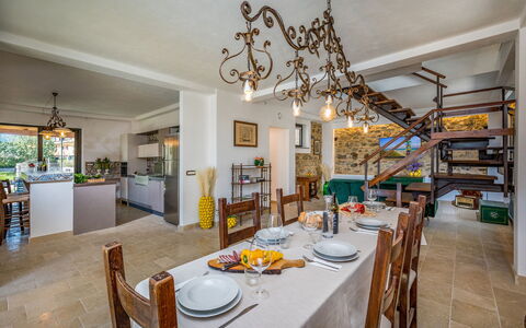 Villa Gallus 6: Furniture, Flooring, Interior Design, Ceiling, Table, Floor, Kitchen & Dining Room Table, Chair, Door, Dining Room