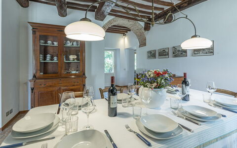 Casale le Querce di Cetona 8: Furniture, Interior Design, Ceiling, Table, Chair, Kitchen & Dining Room Table, Dining Room, Room, Lighting, Light Fixture