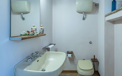 Casale le Querce di Cetona 8: Bathroom, Bathroom Sink, Plumbing Fixture, Sink, Tap, Plumbing, Interior Design, Mirror, Flooring, Floor