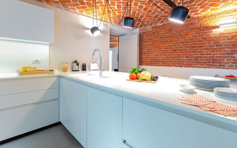 Villa Boemia 10: Kitchen, Countertop, Interior Design, Light Fixture, Ceiling, Cabinetry, Kitchen Appliance, Plumbing Fixture, Lighting, Major Appliance