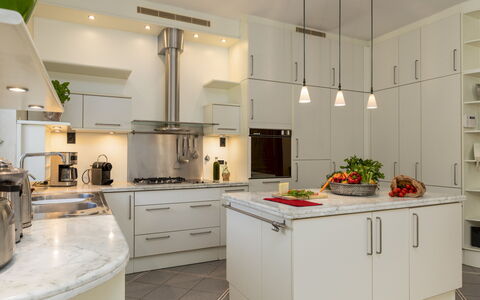 Villa Adisa 8: Kitchen, Countertop, Furniture, Kitchen Appliance, Interior Design, Cabinetry, Flooring, Ceiling, Light Fixture, Major Appliance