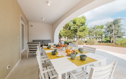 Villa Bellina 6: Outdoor Furniture, Chair, Shade, Landscaping, Kitchen & Dining Room Table, Villa, Hacienda, Balcony, Eco Hotel, Houseplant