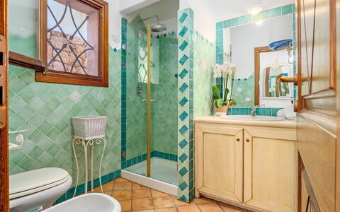 Casa Maestrale 6: Blue, Flooring, Interior Design, Floor, Plumbing Fixture, Bathroom, Plumbing, Tile, Tap, Bathroom Cabinet