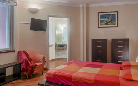 Villa Eden 8: Furniture, Interior Design, Floor, Flooring, Wood, Room, Bed, Ceiling, Bedroom, Textile
