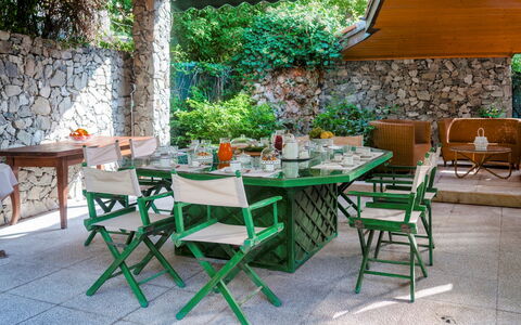 Villa Liberty Albisola 6+2: Furniture, Outdoor Furniture, Table, Chair, Outdoor Table, Restaurant, Kitchen & Dining Room Table, Garden, Shade, Patio