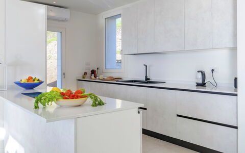 Villa Gioia 8: Kitchen, Countertop, Interior Design, Flooring, Sink, Furniture, Wood, Plumbing Fixture, Cabinetry, Home
