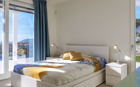 Villa Gioia 8: Furniture, Interior Design, Bed, Bedroom, Wall, Flooring, Room, Wood, Floor, Bed Sheet