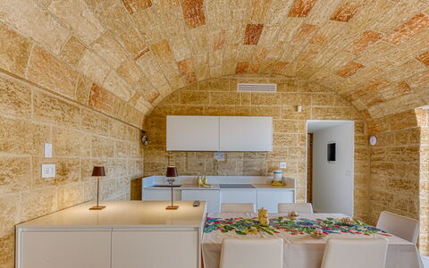 Villa Porta Azzurra 6+2: Interior Design, Ceiling, Flooring, Floor, Brick, Kitchen, Natural Material, Stone Wall, Tile, Light Fixture
