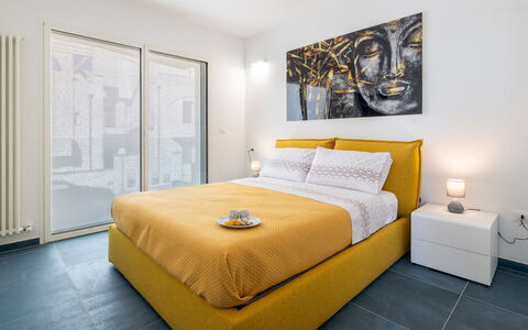 Villa Ristola 6: Bed, Interior Design, Bedroom, Furniture, Floor, Bed Sheet, Flooring, Bedding, Room, Linens