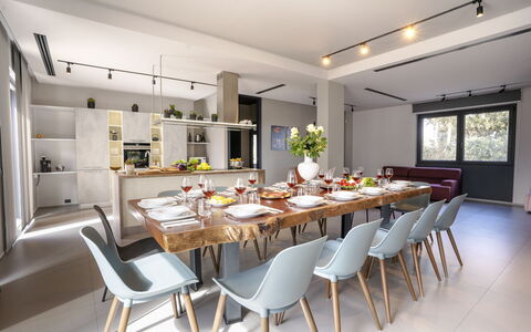 Villa Maria Paradiso 10: Furniture, Interior Design, Flooring, Chair, Table, Wood, Floor, Ceiling, Kitchen & Dining Room Table, Dining Room