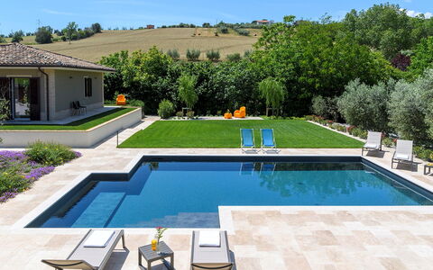 Villino le Moie 4+2: Swimming Pool, Garden, Water Feature, Composite Material, Resort, Landscaping, Backyard, Outdoor Furniture, Shade, Eco Hotel