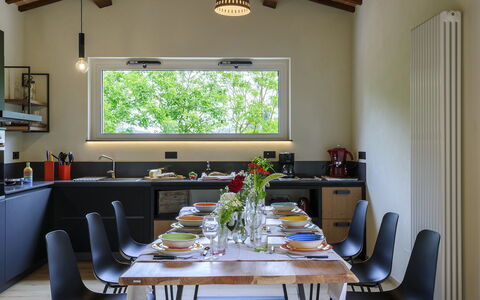 Villino le Moie 4+2: Furniture, Interior Design, Light Fixture, Lighting, Ceiling, Kitchen, Table, Countertop, Kitchen & Dining Room Table, Home