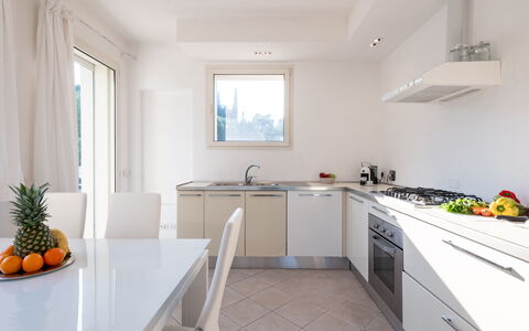 Villa Bianca 10: Interior Design, Furniture, Flooring, Wood, Kitchen, Countertop, Home, Floor, Room, Kitchen Appliance