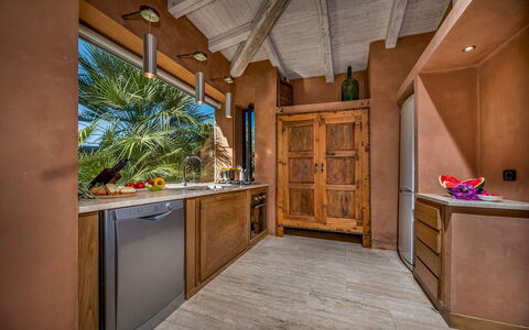 Villa Antura 4: Wood, Furniture, Wood Stain, Hardwood, Kitchen, Countertop, Ceiling, Chair, Houseplant, Estate